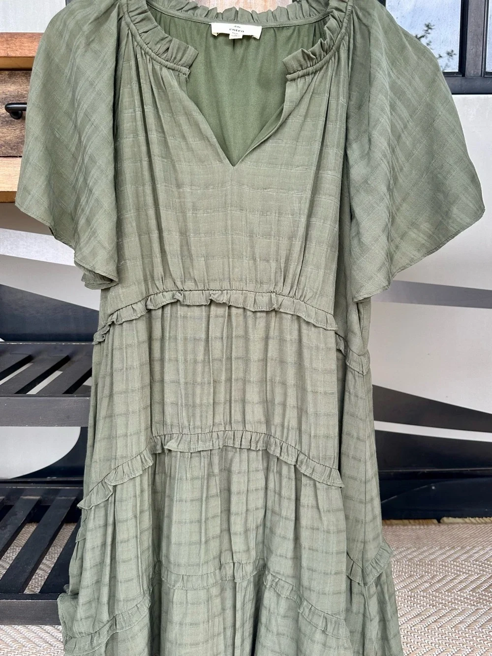 entro Olive Green Tiered Midi Dress with Flutter Sleeves